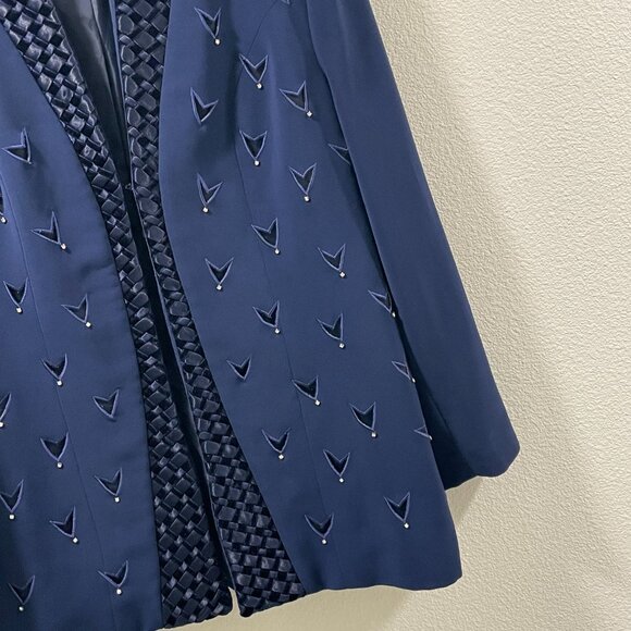 ELITE CHAMPAGNE Rare Find Vintage Blazer Embroider Cutouts Rhinestones, Navy -12 - Picture 3 of 11